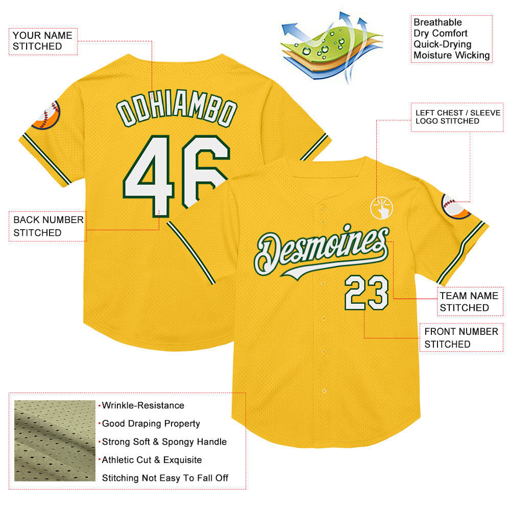 Custom Gold White-Green Mesh Authentic Throwback Baseball Jersey view 3