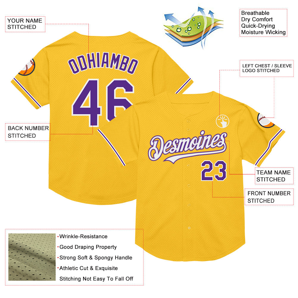 Custom Gold Purple-White Mesh Authentic Throwback Baseball Jersey view 3