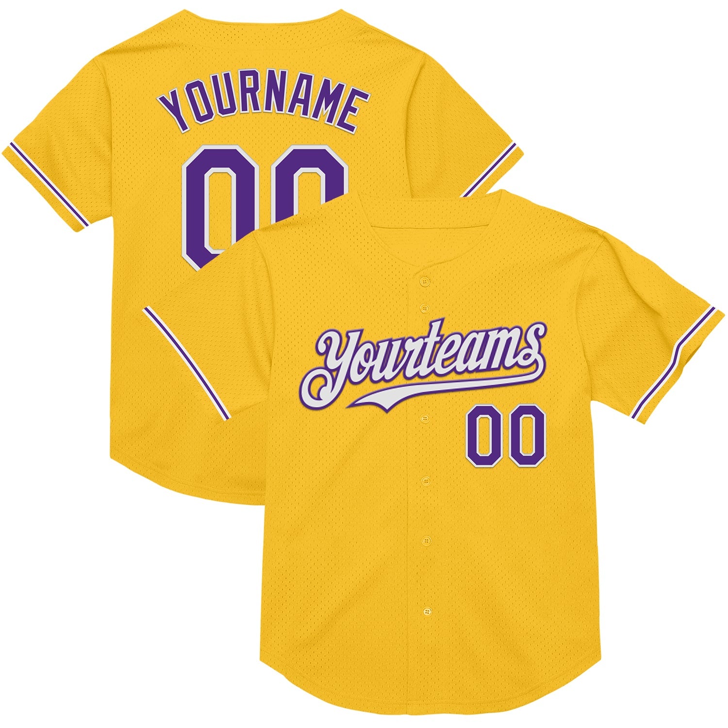 Custom Gold Purple-White Mesh Authentic Throwback Baseball Jersey - Main View