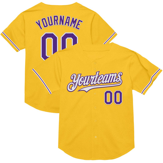 Custom Gold Purple-White Mesh Authentic Throwback Baseball Jersey - Main View