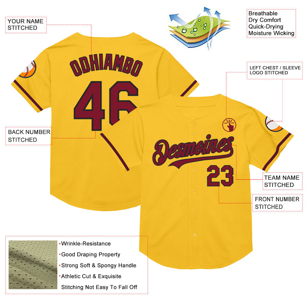 Custom Gold Crimson-Black Mesh Authentic Throwback Baseball Jersey view 3