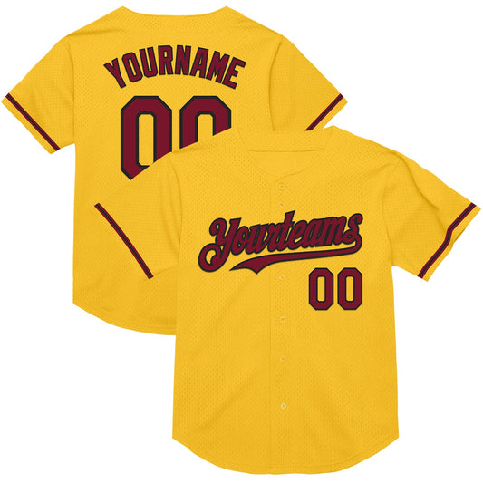 Custom Gold Crimson-Black Mesh Authentic Throwback Baseball Jersey - Main View