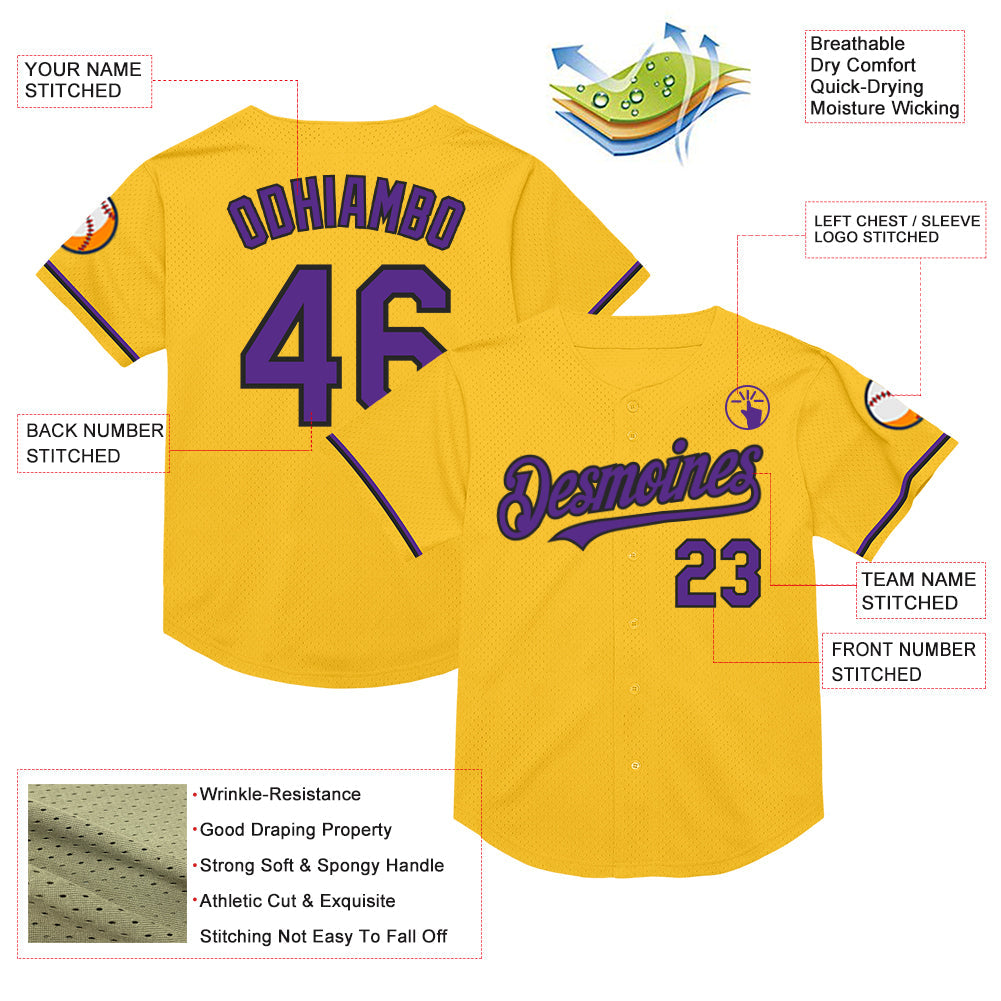 Custom Gold Purple-Black Mesh Authentic Throwback Baseball Jersey view 3