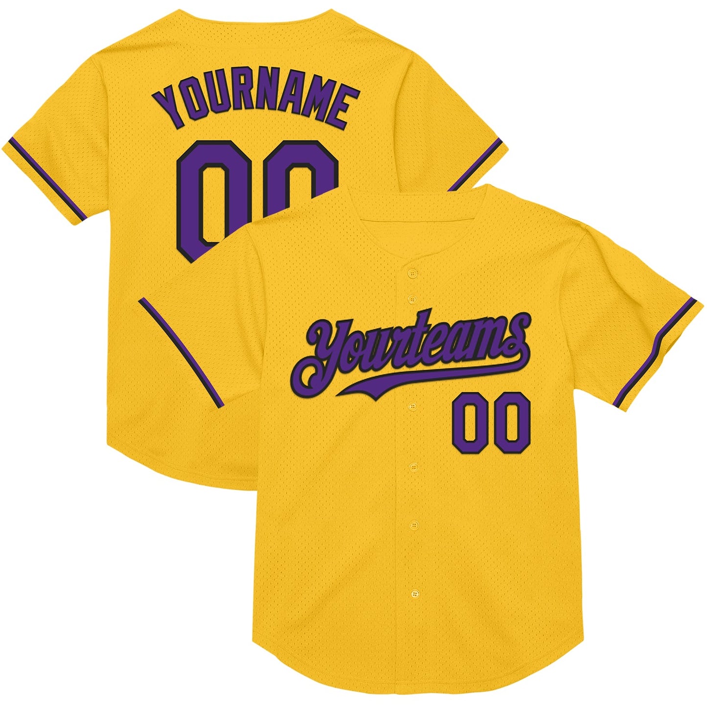 Custom Gold Purple-Black Mesh Authentic Throwback Baseball Jersey - Main View