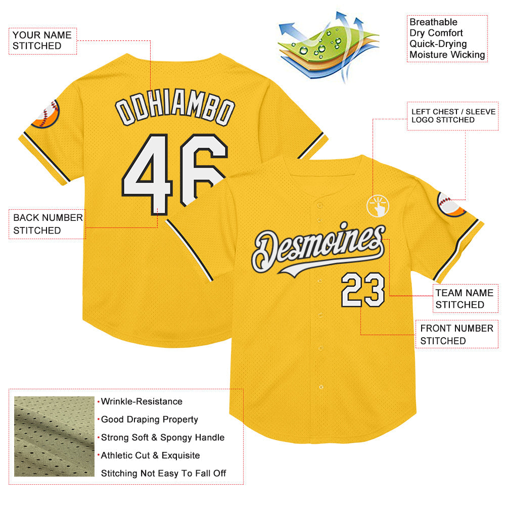 Custom Gold White-Black Mesh Authentic Throwback Baseball Jersey view 3