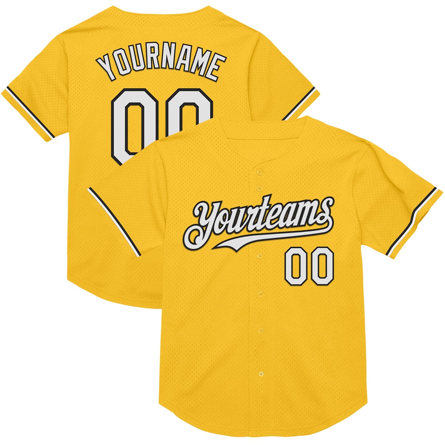 Custom Gold White-Black Mesh Authentic Throwback Baseball Jersey - Main View