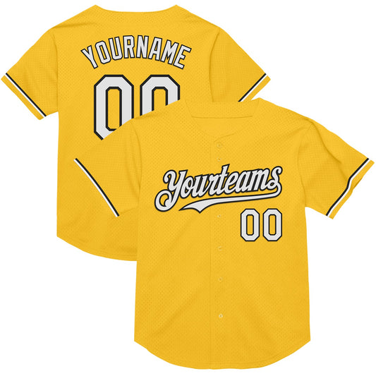 Custom Gold White-Black Mesh Authentic Throwback Baseball Jersey - Main View