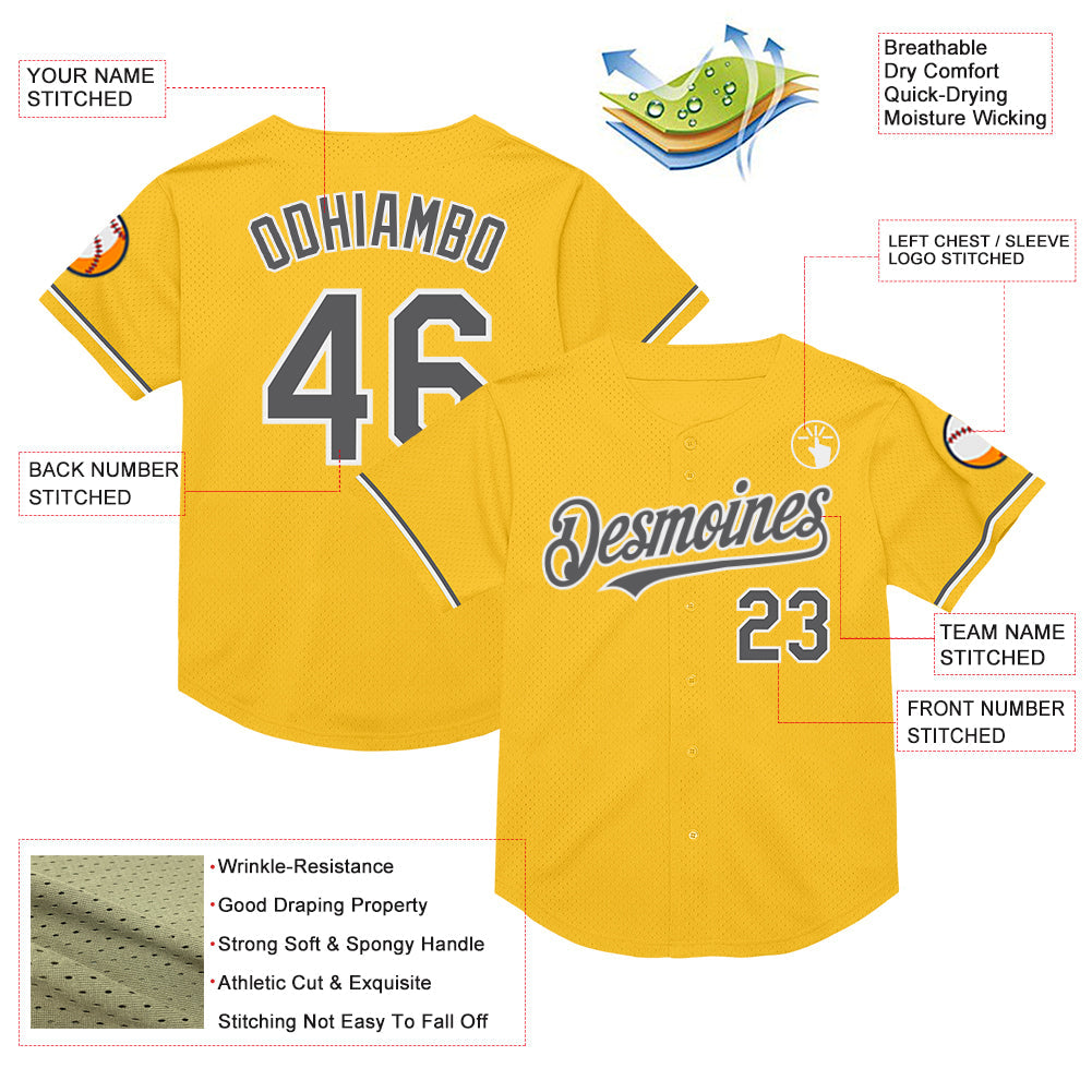 Custom Gold Steel Gray-White Mesh Authentic Throwback Baseball Jersey view 3