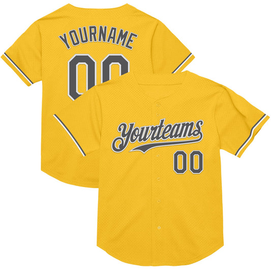 Custom Gold Steel Gray-White Mesh Authentic Throwback Baseball Jersey - Main View