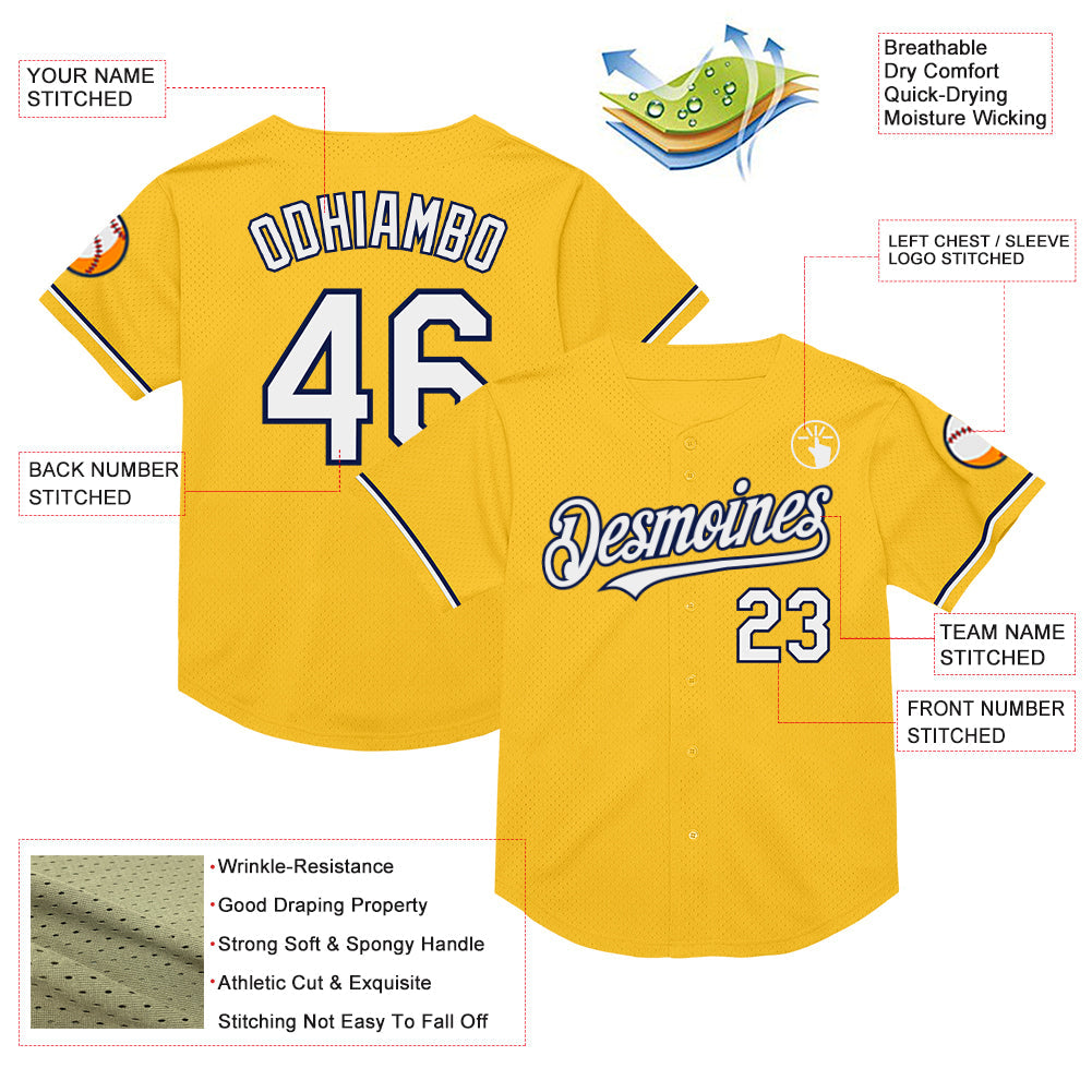 Custom Gold White-Navy Mesh Authentic Throwback Baseball Jersey view 3