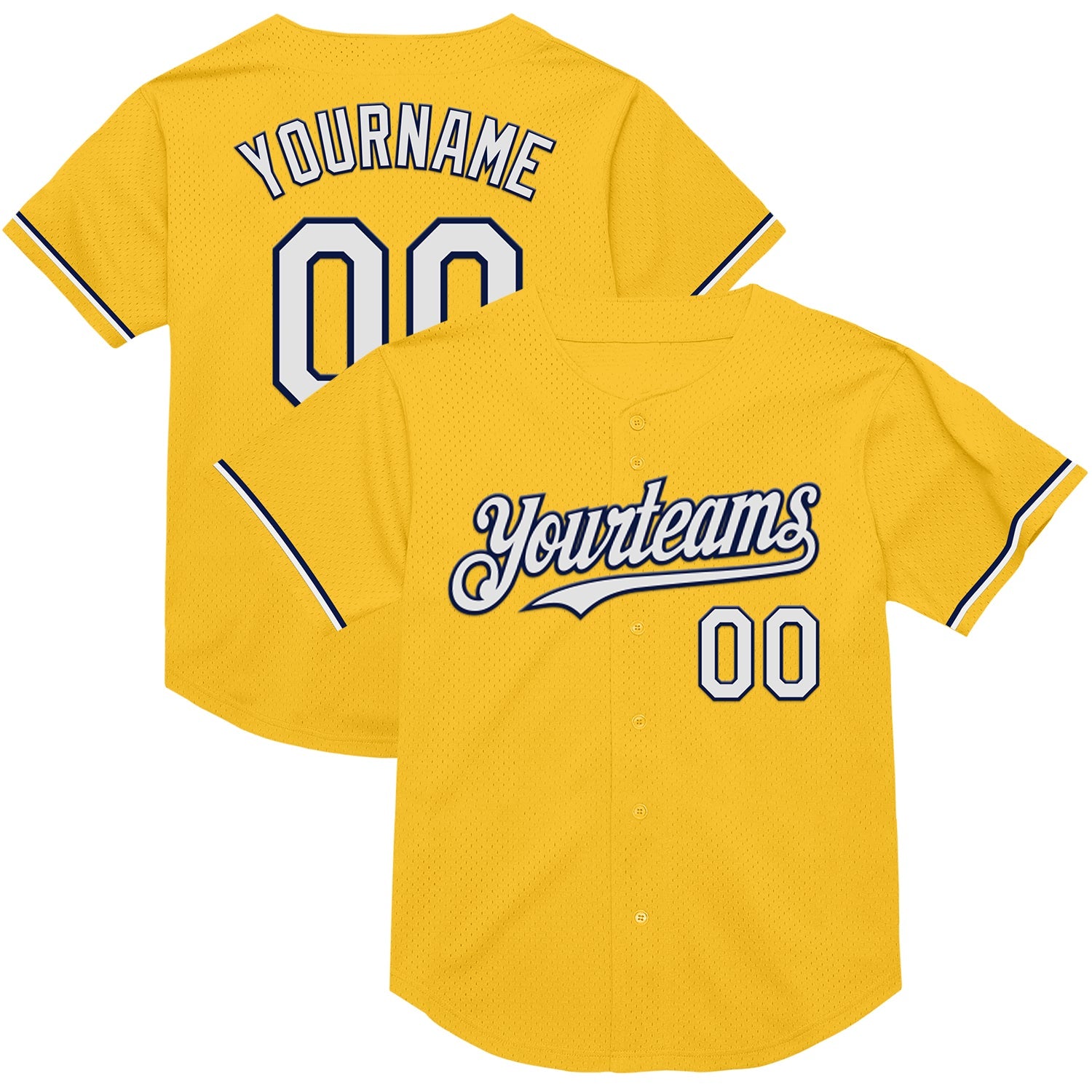 Custom Gold White-Navy Mesh Authentic Throwback Baseball Jersey - Main View