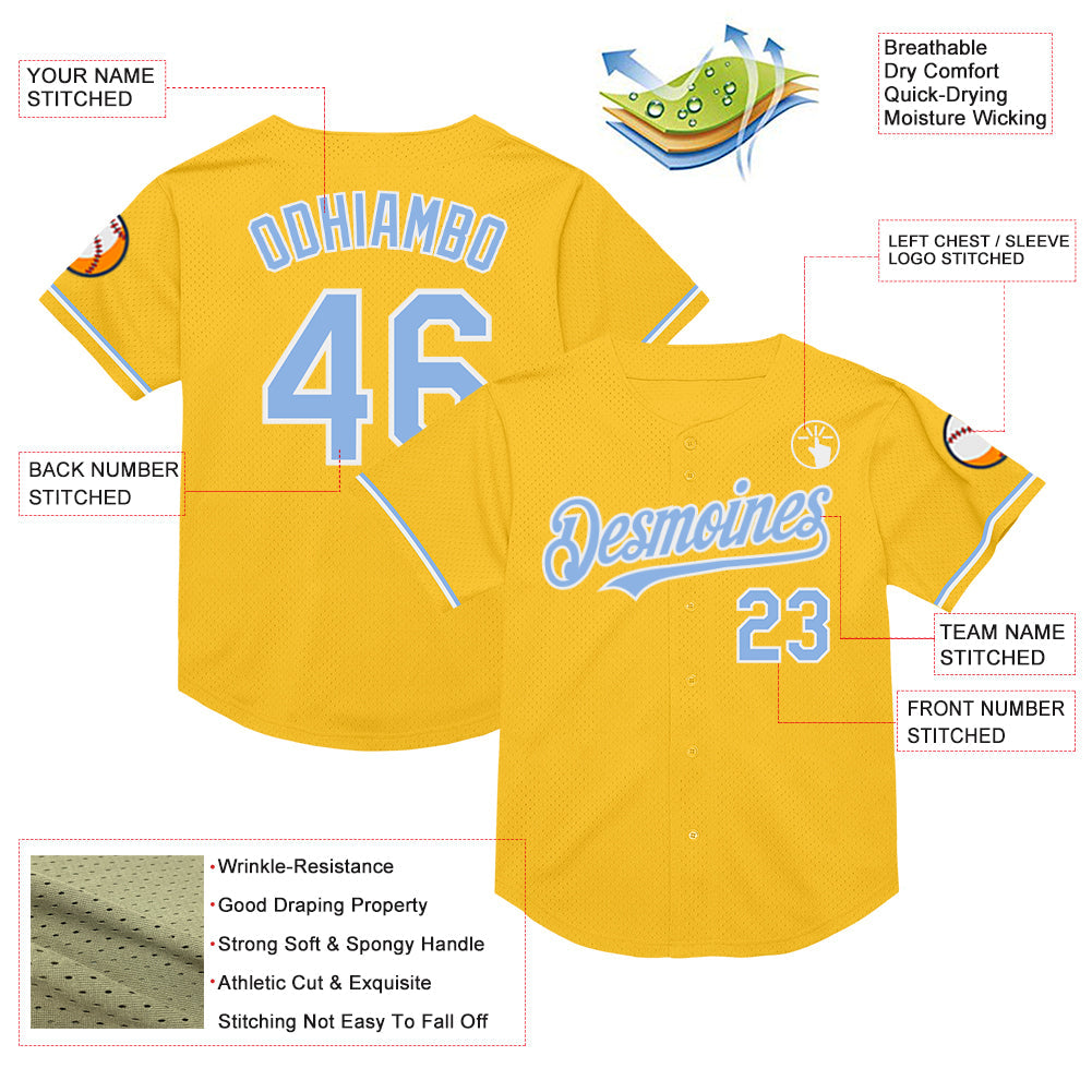 Custom Gold Light Blue-White Mesh Authentic Throwback Baseball Jersey view 3