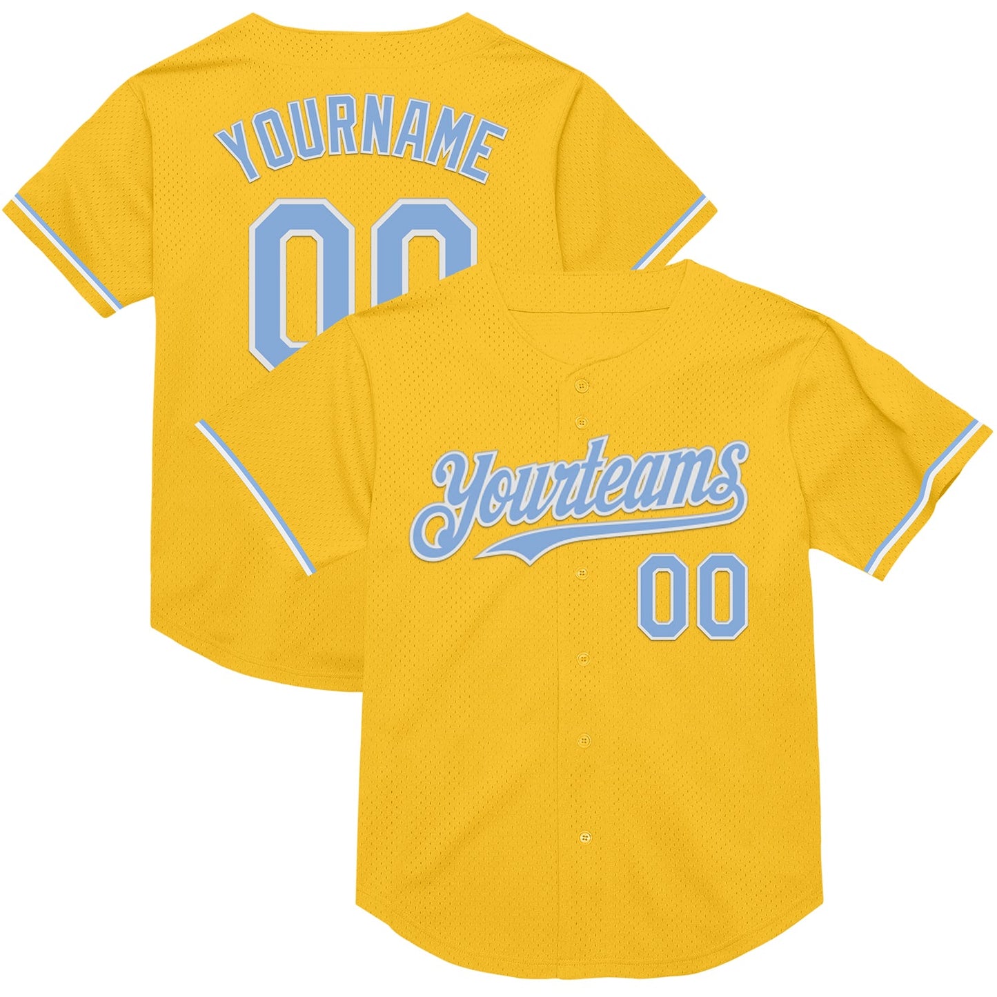 Custom Gold Light Blue-White Mesh Authentic Throwback Baseball Jersey - Main View