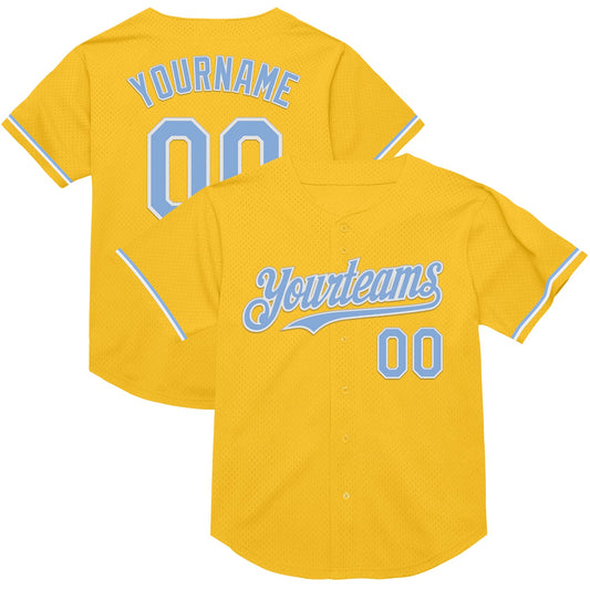 Custom Gold Light Blue-White Mesh Authentic Throwback Baseball Jersey - Main View