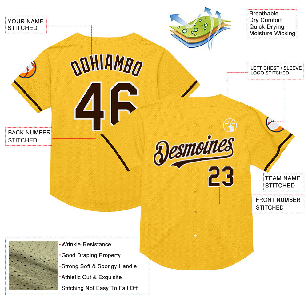 Custom Gold Brown-White Mesh Authentic Throwback Baseball Jersey view 3