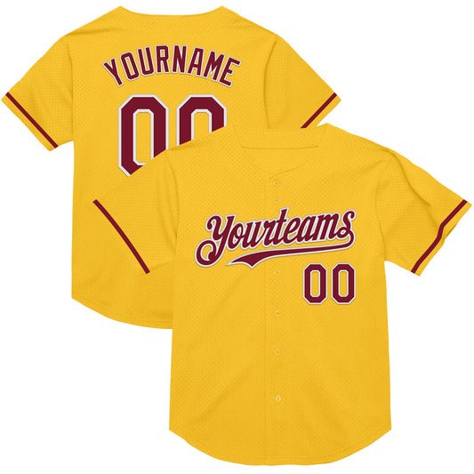Custom Gold Crimson-White Mesh Authentic Throwback Baseball Jersey - Main View