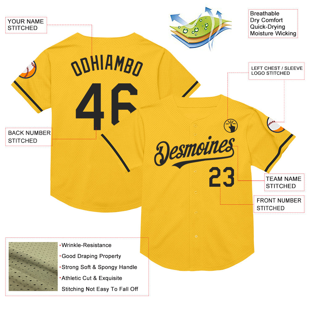 Custom Gold Black Mesh Authentic Throwback Baseball Jersey view 3