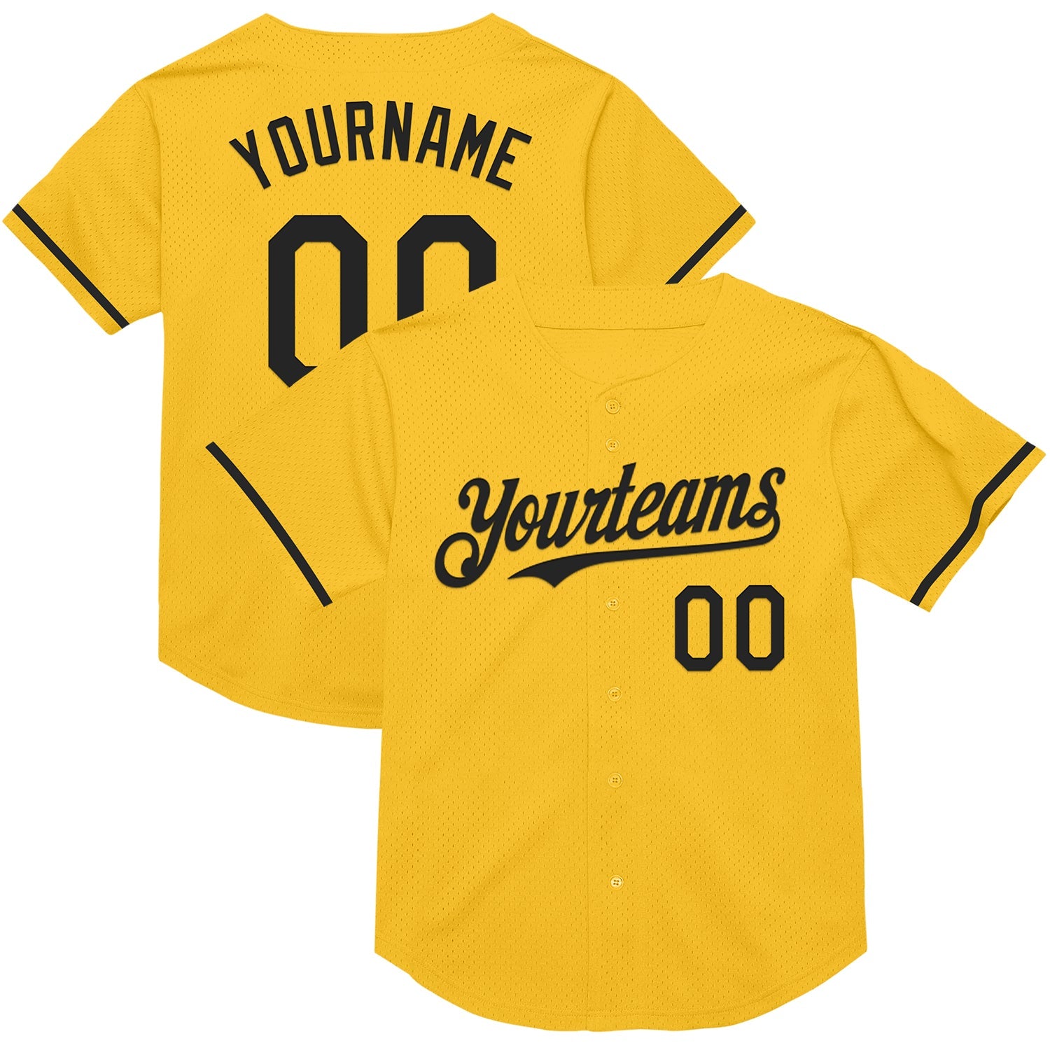 Custom Gold Black Mesh Authentic Throwback Baseball Jersey - Main View