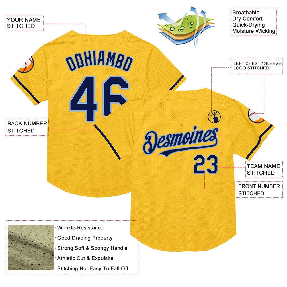 Custom Gold Navy-Light Blue Mesh Authentic Throwback Baseball Jersey view 3