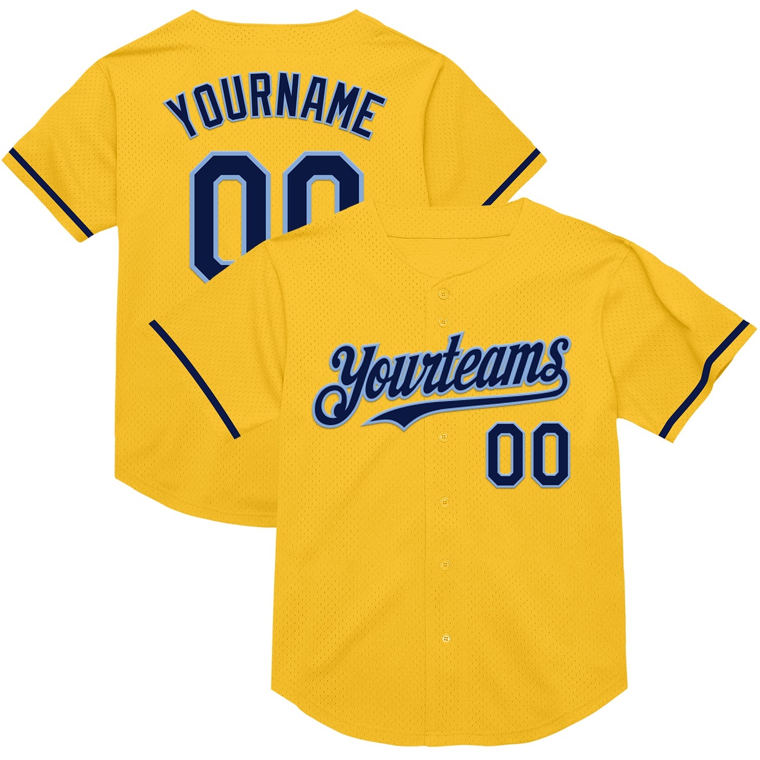 Custom Gold Navy-Light Blue Mesh Authentic Throwback Baseball Jersey - Main View