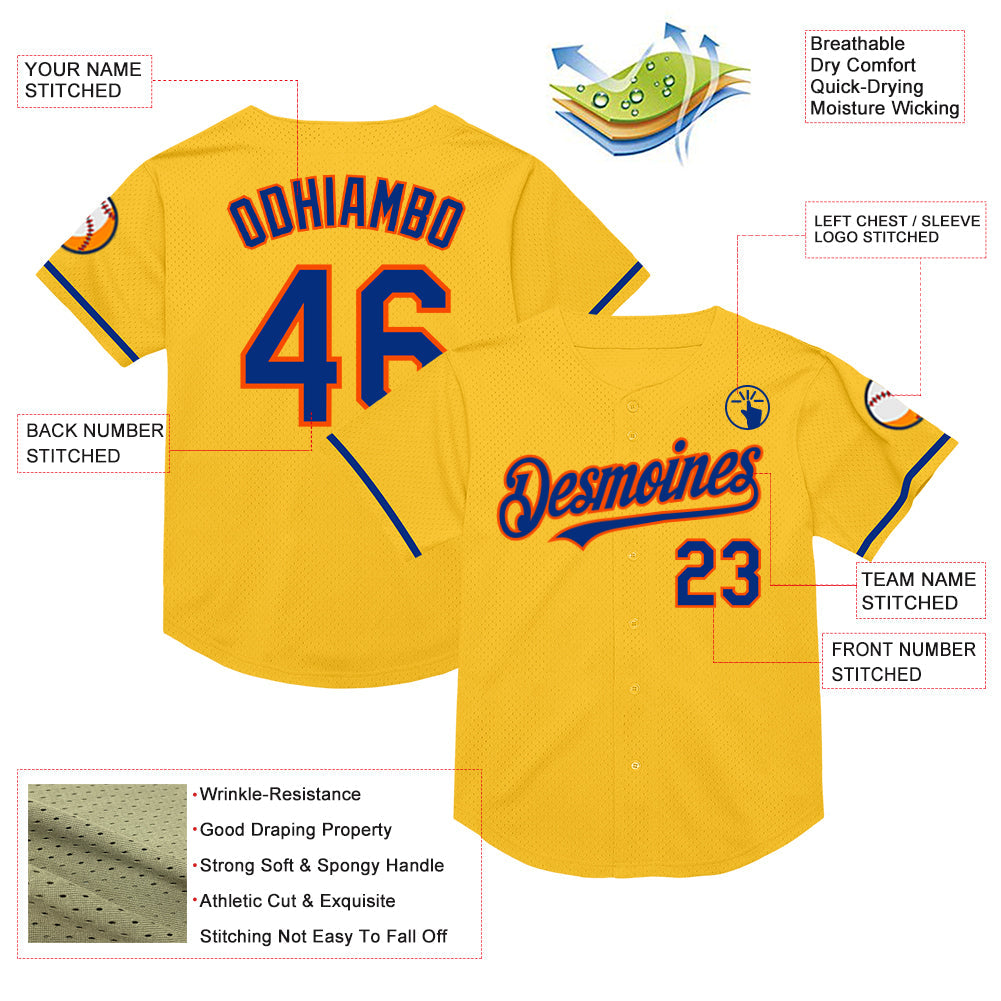 Custom Gold Royal-Orange Mesh Authentic Throwback Baseball Jersey view 3