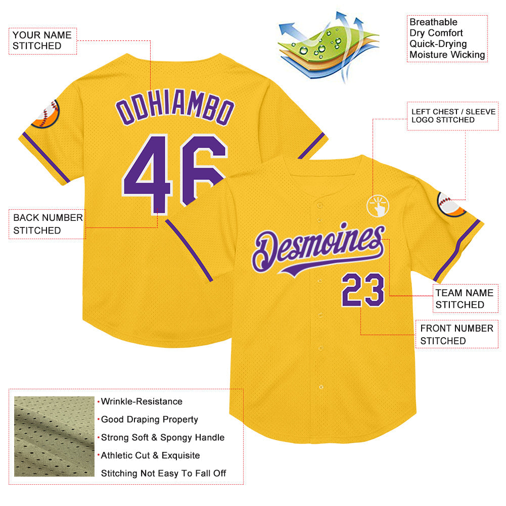 Custom Gold Purple-White Mesh Authentic Throwback Baseball Jersey view 3