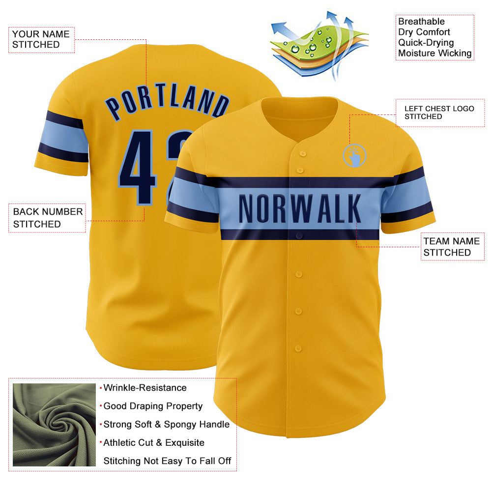 Custom Gold Navy-Light Blue Authentic Baseball Jersey view 3