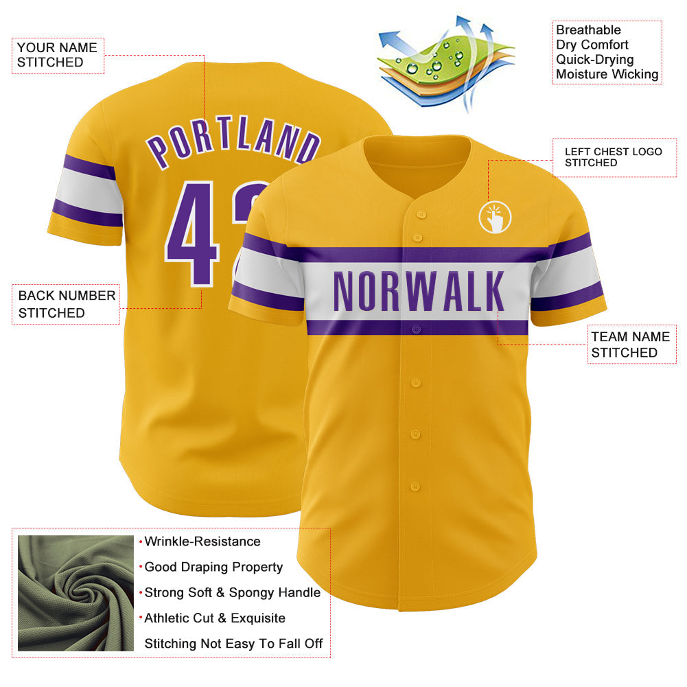 Custom Gold Purple-White Authentic Baseball Jersey view 3