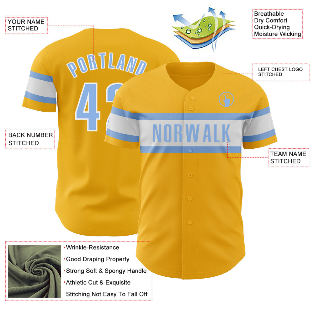Custom Gold Light Blue-White Authentic Baseball Jersey view 3