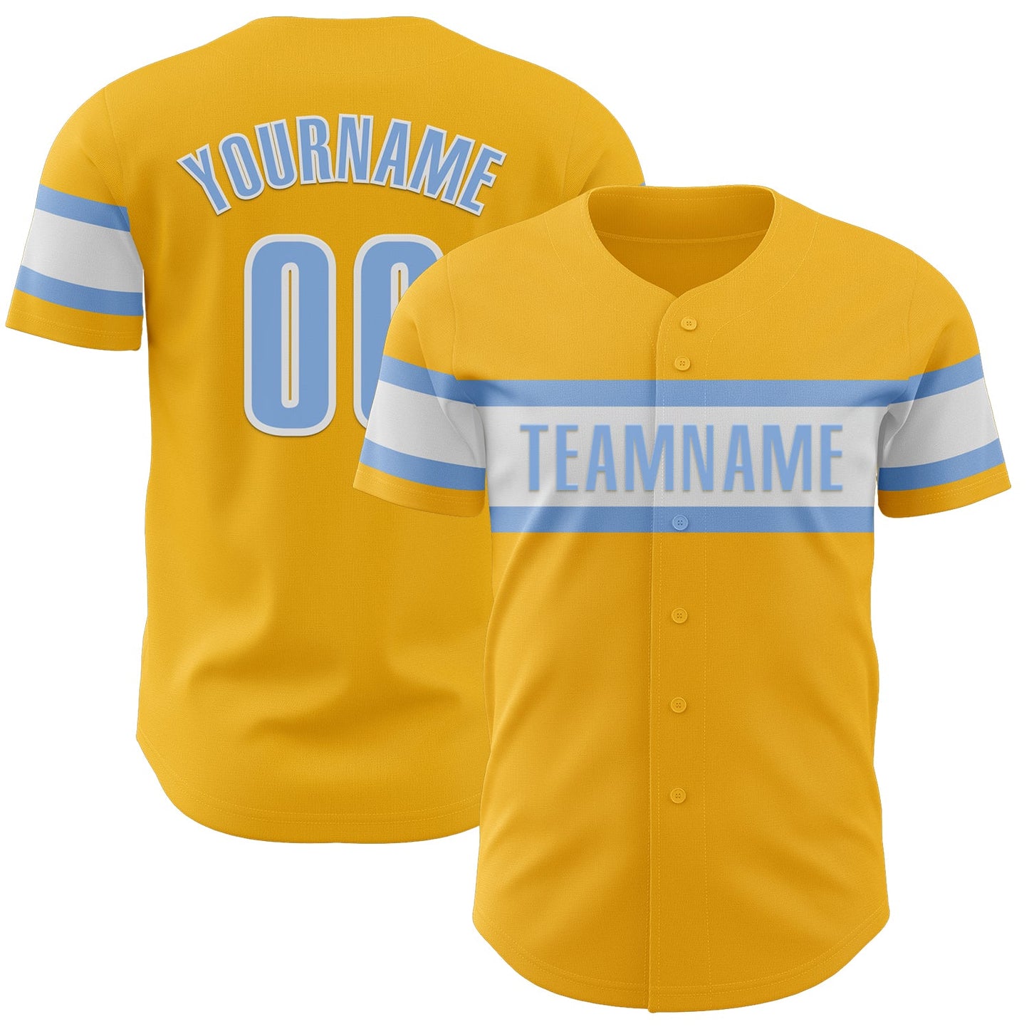 Custom Gold Light Blue-White Authentic Baseball Jersey - Main View