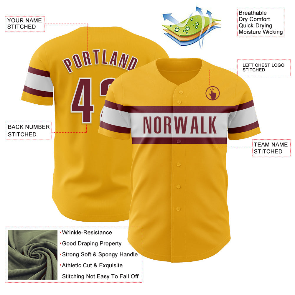 Custom Gold Burgundy-White Authentic Baseball Jersey view 3