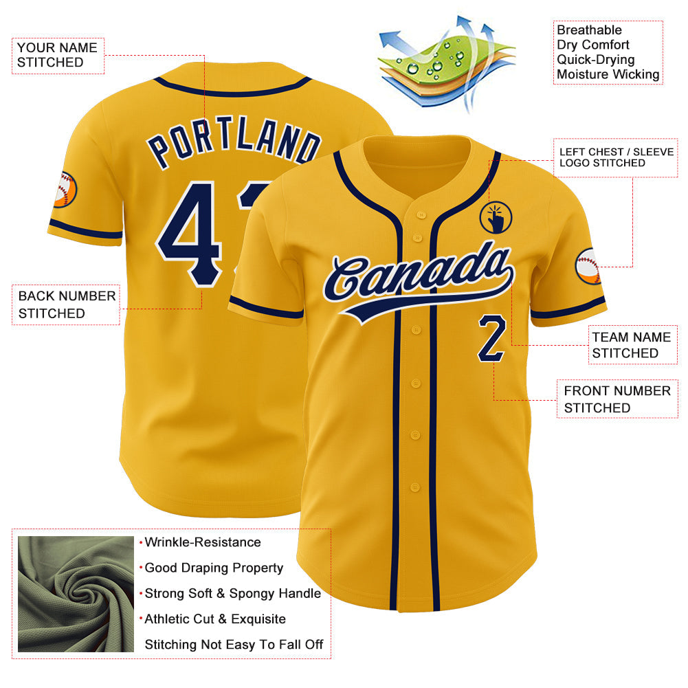 Custom Gold Navy-White Authentic Baseball Jersey view 3