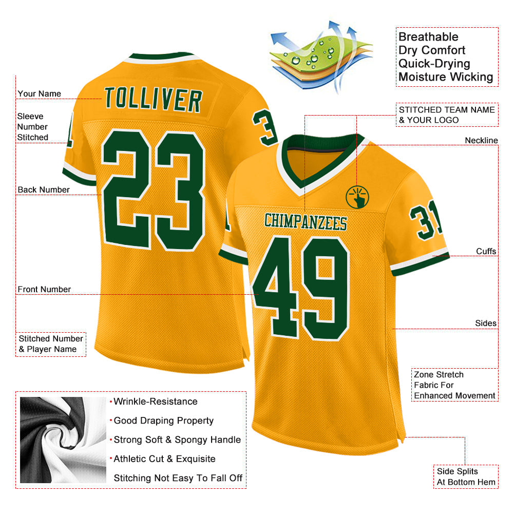 Custom Gold Green-White Mesh Authentic Throwback Football Jersey view 2