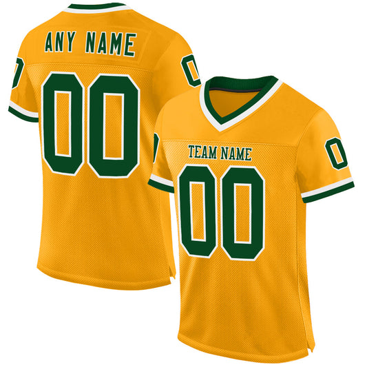Custom Gold Green-White Mesh Authentic Throwback Football Jersey - Main View