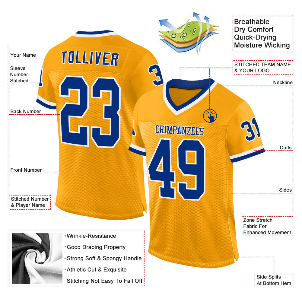 Custom Gold Royal-White Mesh Authentic Throwback Football Jersey view 2