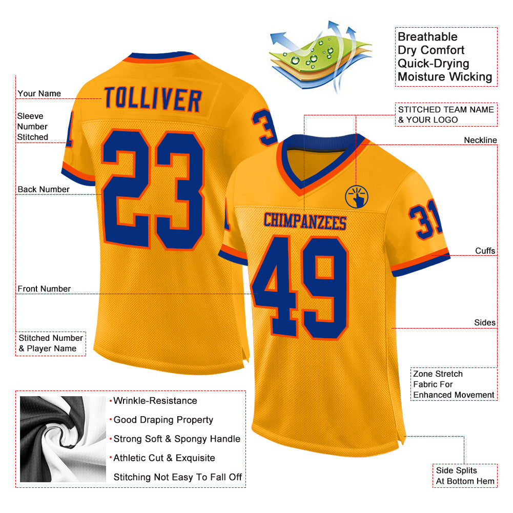 Custom Gold Royal-Orange Mesh Authentic Throwback Football Jersey view 2