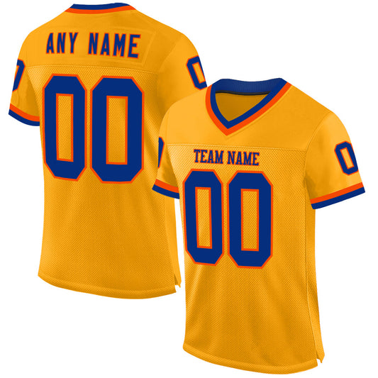 Custom Gold Royal-Orange Mesh Authentic Throwback Football Jersey - Main View
