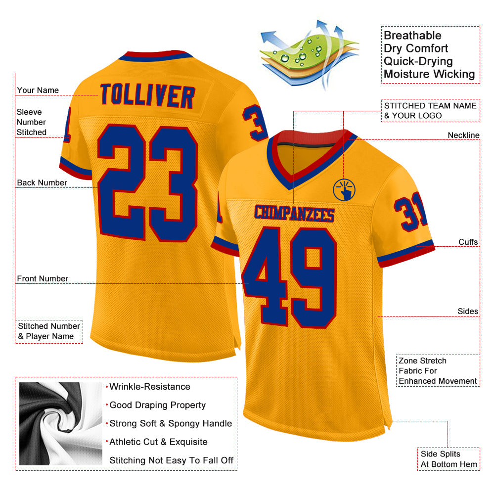 Custom Gold Royal-Red Mesh Authentic Throwback Football Jersey view 2