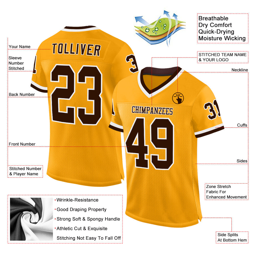 Custom Gold Brown-White Mesh Authentic Throwback Football Jersey view 2