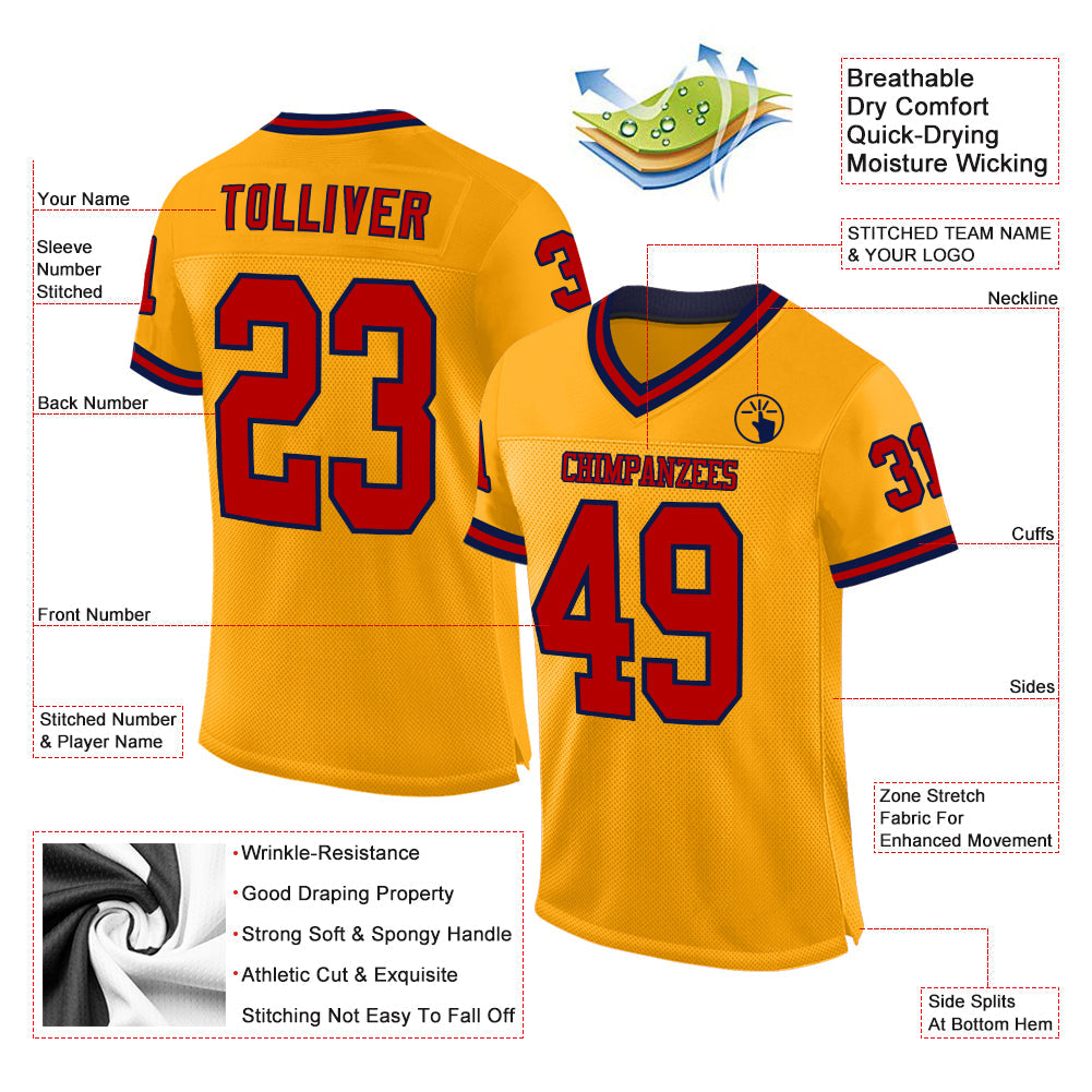 Custom Gold Red-Navy Mesh Authentic Throwback Football Jersey view 2