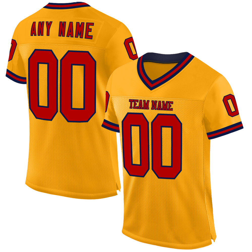 Custom Gold Red-Navy Mesh Authentic Throwback Football Jersey - Main View