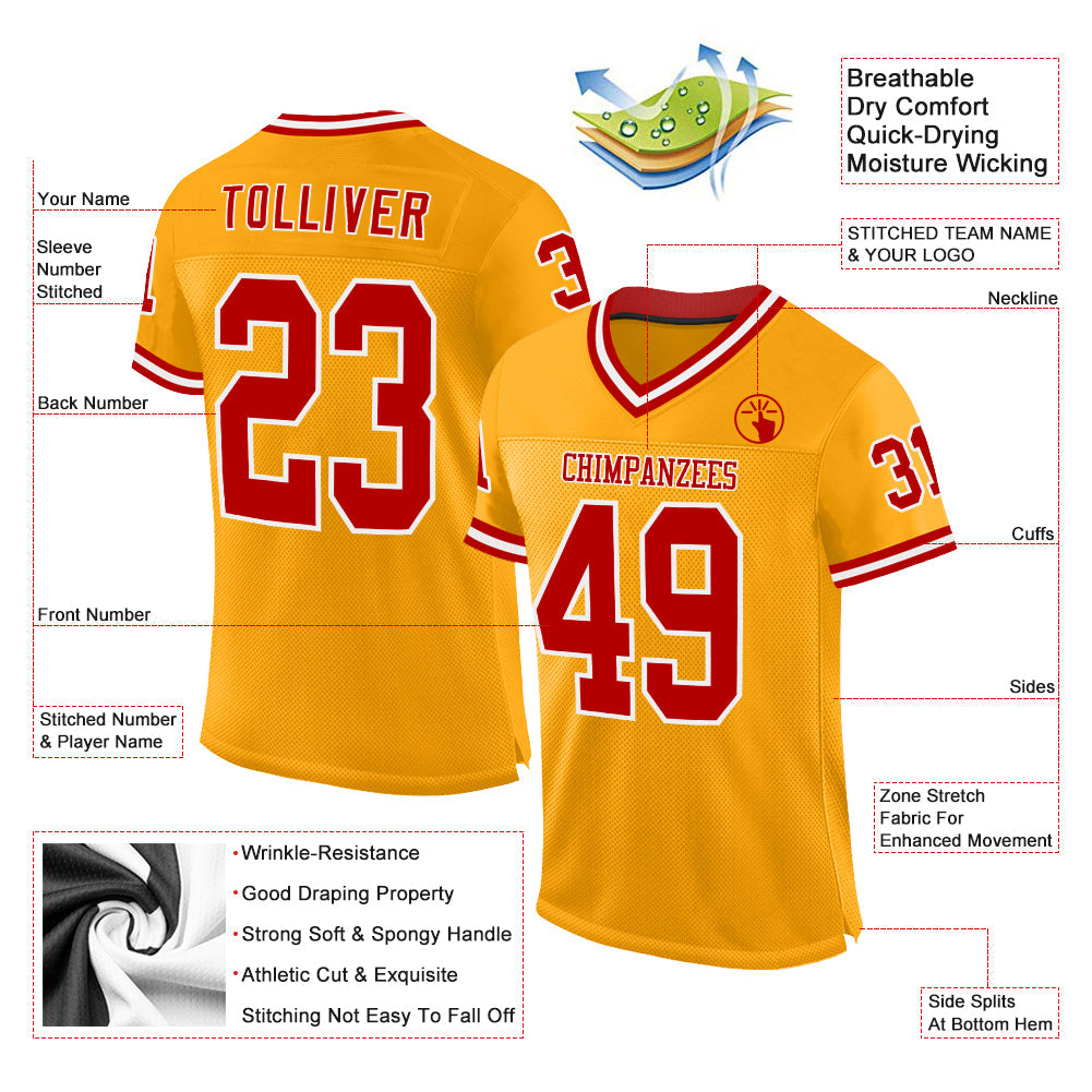 Custom Gold Red-White Mesh Authentic Throwback Football Jersey view 2