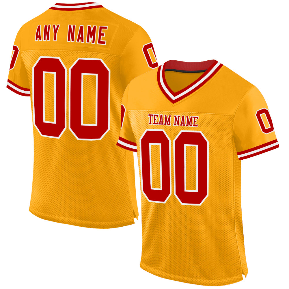 Custom Gold Red-White Mesh Authentic Throwback Football Jersey - Main View