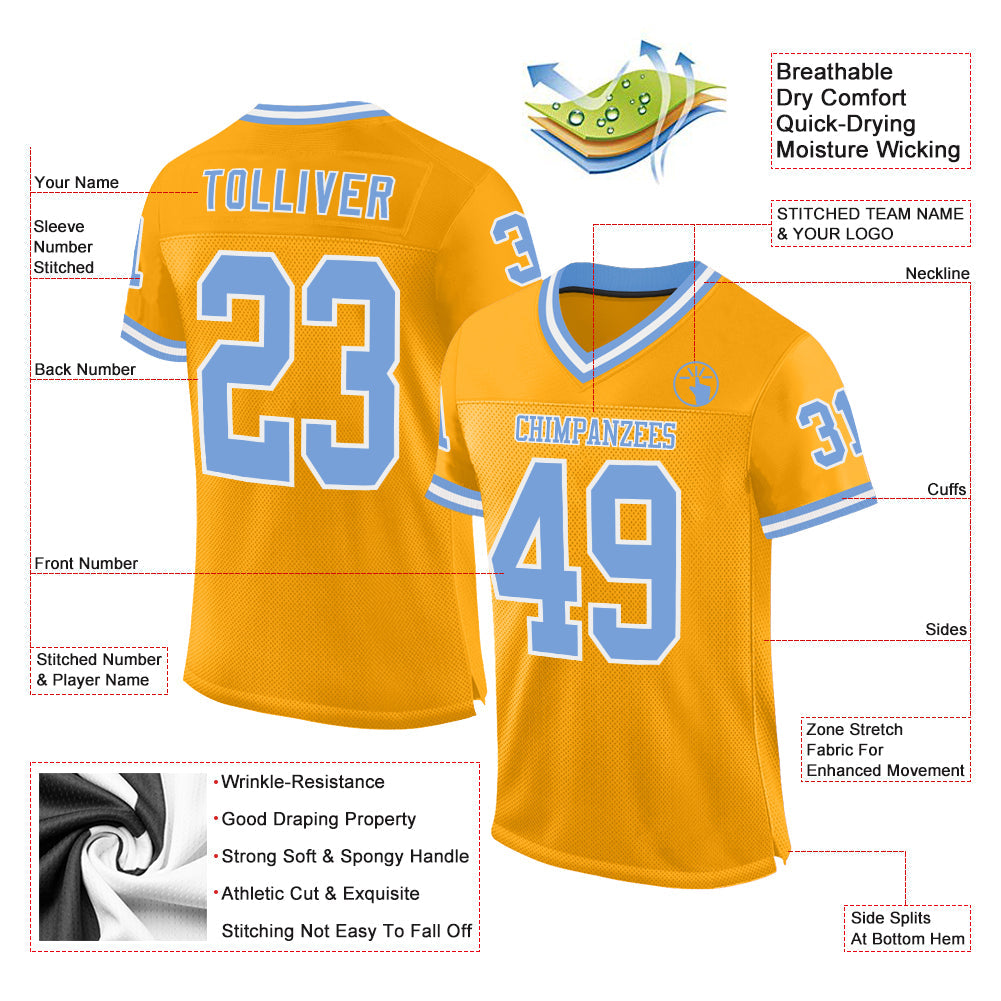 Custom Gold Light Blue-White Mesh Authentic Throwback Football Jersey view 2