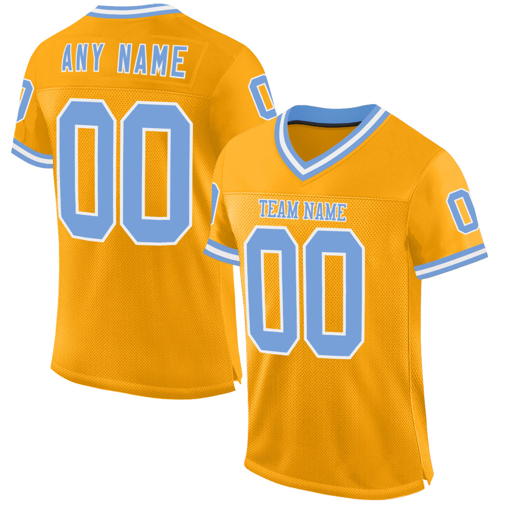 Custom Gold Light Blue-White Mesh Authentic Throwback Football Jersey - Main View