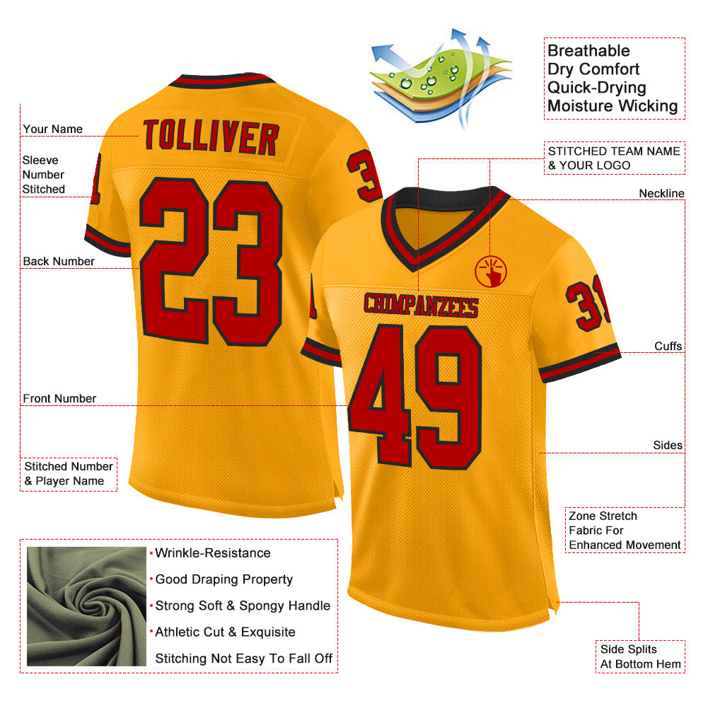 Custom Gold Red-Black Mesh Authentic Throwback Football Jersey view 2