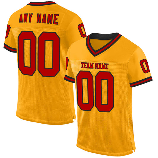 Custom Gold Red-Black Mesh Authentic Throwback Football Jersey - Main View