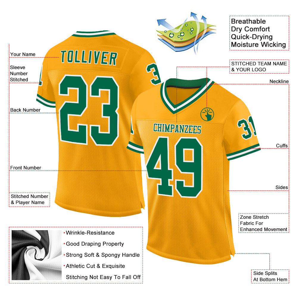Custom Gold Kelly Green-White Mesh Authentic Throwback Football Jersey view 2