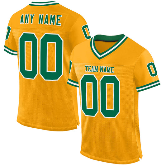 Custom Gold Kelly Green-White Mesh Authentic Throwback Football Jersey - Main View