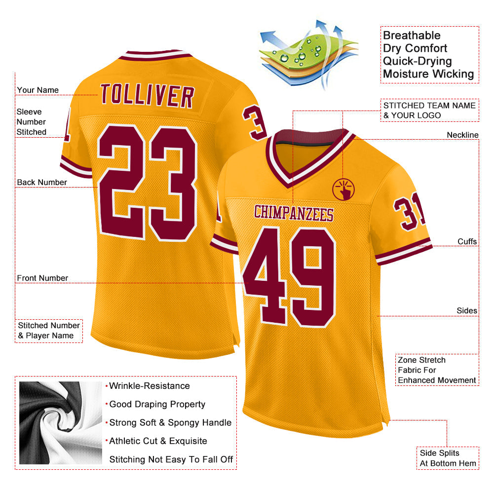 Custom Gold Maroon-White Mesh Authentic Throwback Football Jersey view 2